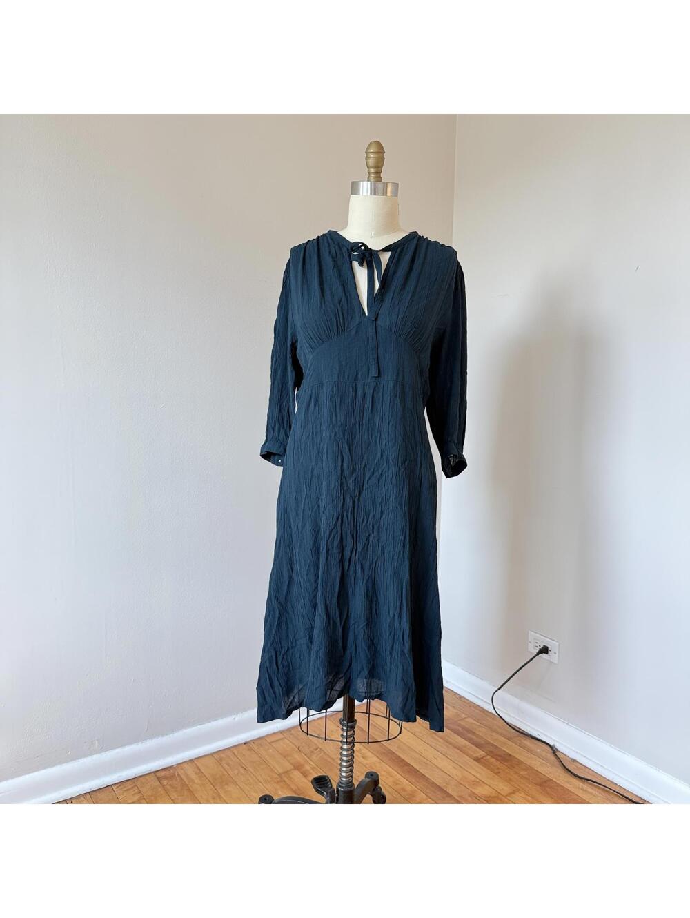 Uniqlo Peacock Teal Prairie Midi Dress Size L V-Neck Tie Neck Crinkle Crepe EUC